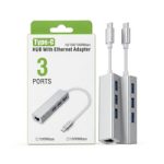 Type-C 3-Port USB Hub + Ethernet Giga – Compact USB Hub Adapter for Laptop, MacBook, Tablet & Type-C Devices
